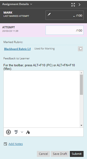 feedback panel for Blackboard assignment