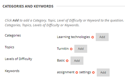 Categories and keywords added to a test question