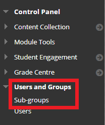 control panel containing sub-groups link