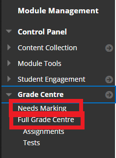 View sub-group assignments via Needs Marking or Full Grade Centre from the Module Management Menu