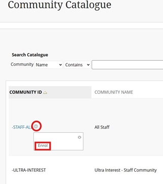 Enrol drop down arrow next to STAFF ALL reveals the Enrol button
