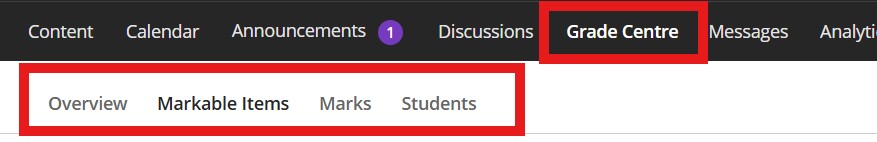 Grade Centre Markable Items to access the Turnitin inbox