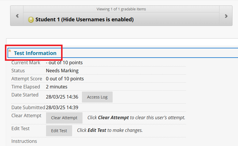 Test information section