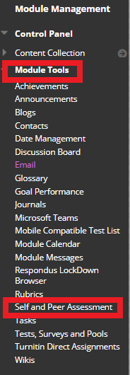 Self and peer assessment option in Module Management Menu