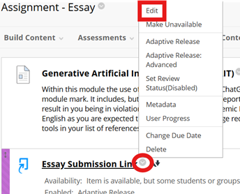 Image shows the drop-down arrow next to a Turnitin Inbox submission link to edit how the link opens.  