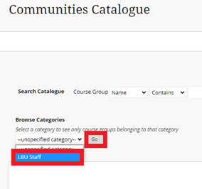 Find All Staff via the Community Catalogue, click the Browse Categories drop down menu and select 'LBU Staff' and 'Go'   