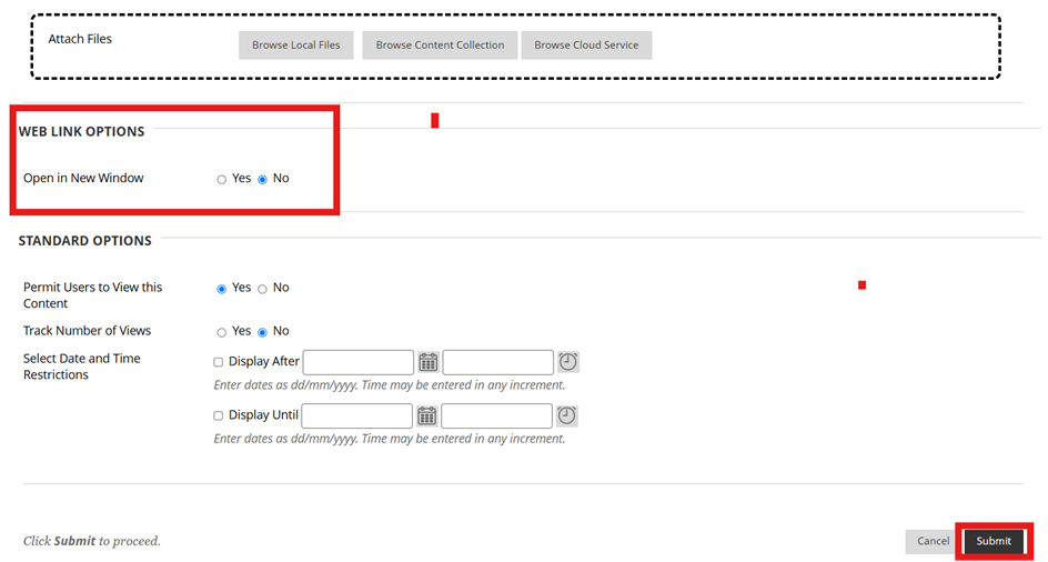 Change the way the Turnitin link opens from open in a new window to open in the same window. Change this to No and Submit and then a Pop up message appears and select Cancel.