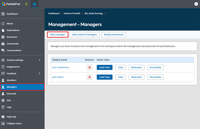 Screenshot showing an ATLAS workspace, indicating where to click to select managers and then add a manager
