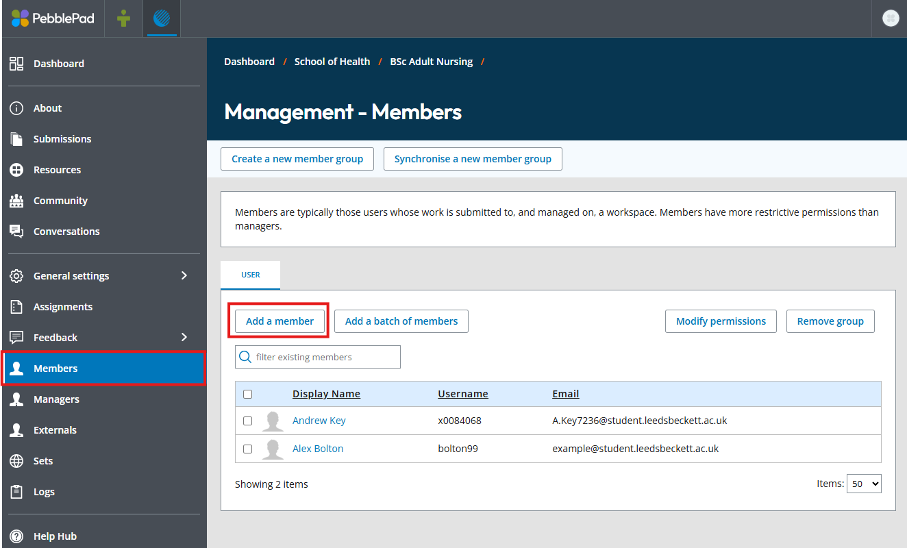 Screenshot showing a workspace in ATLAS and showing where to find the members and add a member button