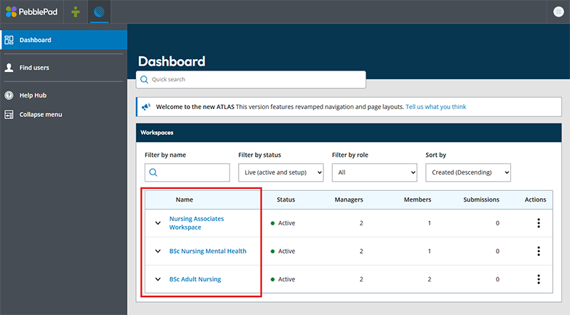 Screenshot showing the ATLAS dashboard and a list of workspaces to select
