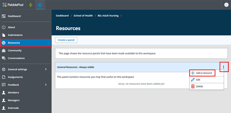Image showing how to add a resource in ATLAS on PebblePad