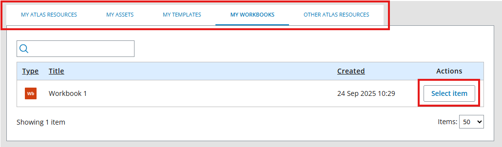 Image showing how to select a resource for use on a workspace in ATLAS