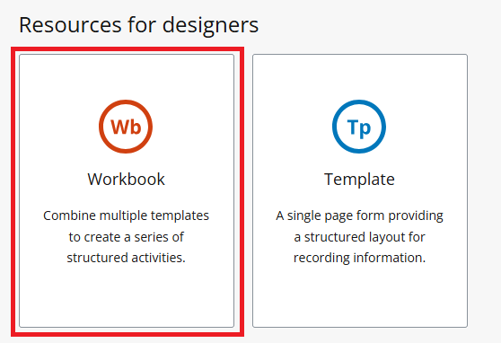 Screenshot of PebblePad showing the option to create a workbook from the get creative menu