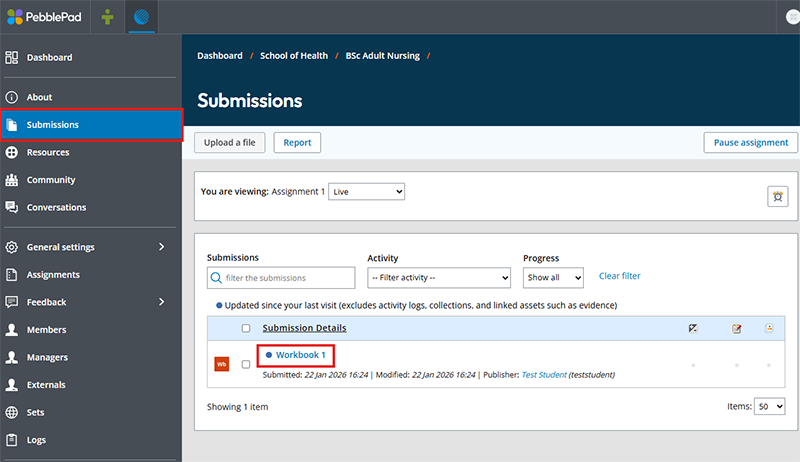 An image showing the submissions page in an ATLAS workspace