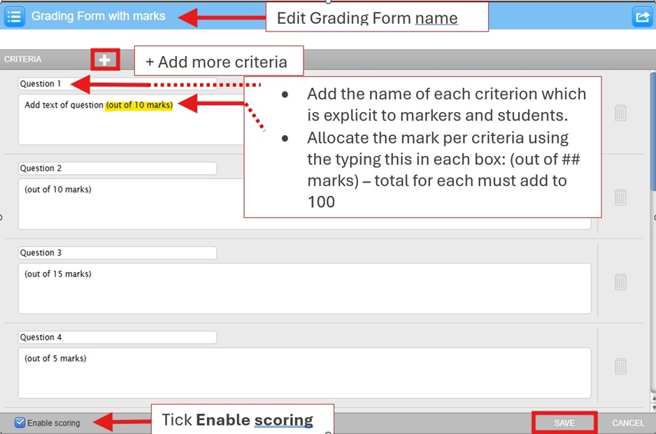 Setting up marking grading form with explanations