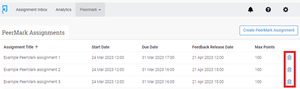 delete peermark assignment button