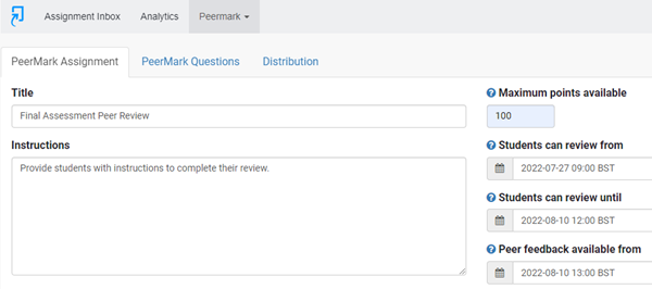PeerMark assignment settings