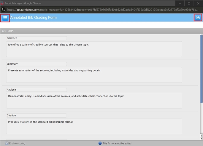 Rubric Manager page, displays an inbuilt rubric which you can ignore and select the Menu top left or Import option (top right)