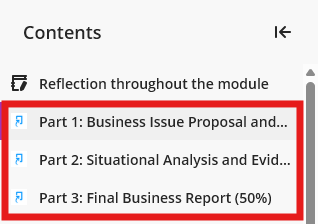 Content area menu listing assignment pats