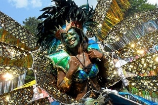 a woman in a sequin carnival outfit