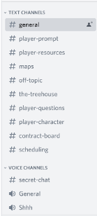 TEXT CHANNELS: #general #player-prompt #player-resources #maps #off-topic #the-treehouse #player-questions #player-character #contract-board #scheduling VOICE CHANNELS: #secret-chat #general #shhh