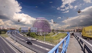 Futuristic image of a city with drones flying around