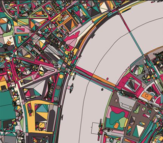 Colourful graphic rendering of a section of a aerial shot of a city of buildings either side of a river with a bridge crossing it