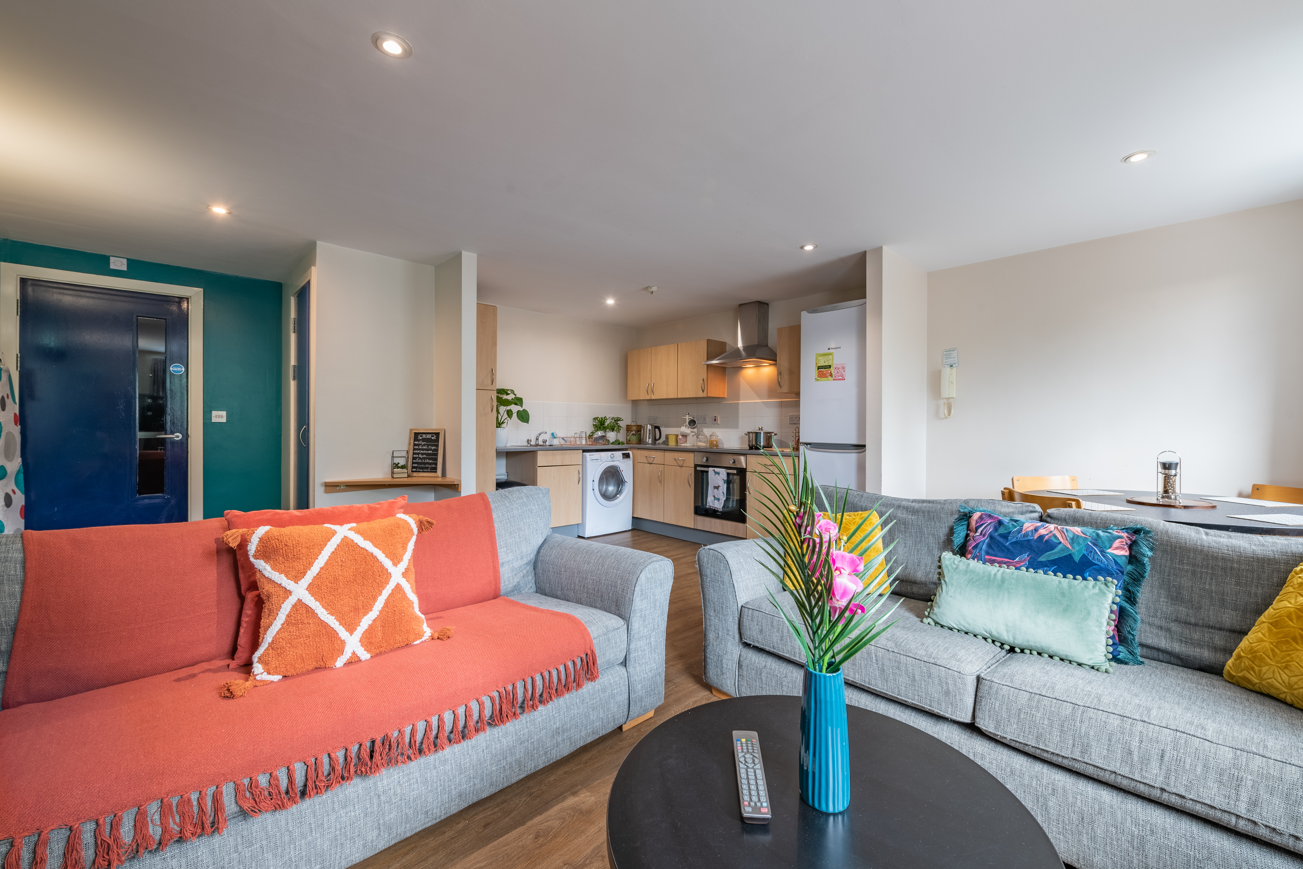 A living room with sofas in teh foreground, with a kitchen space in the background