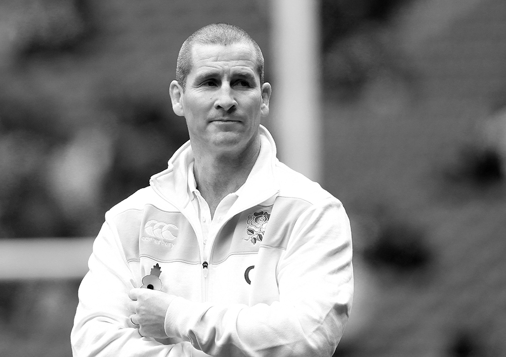 Black and white image of Stuart Lancaster