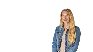 Female student from the USA in front of a white background