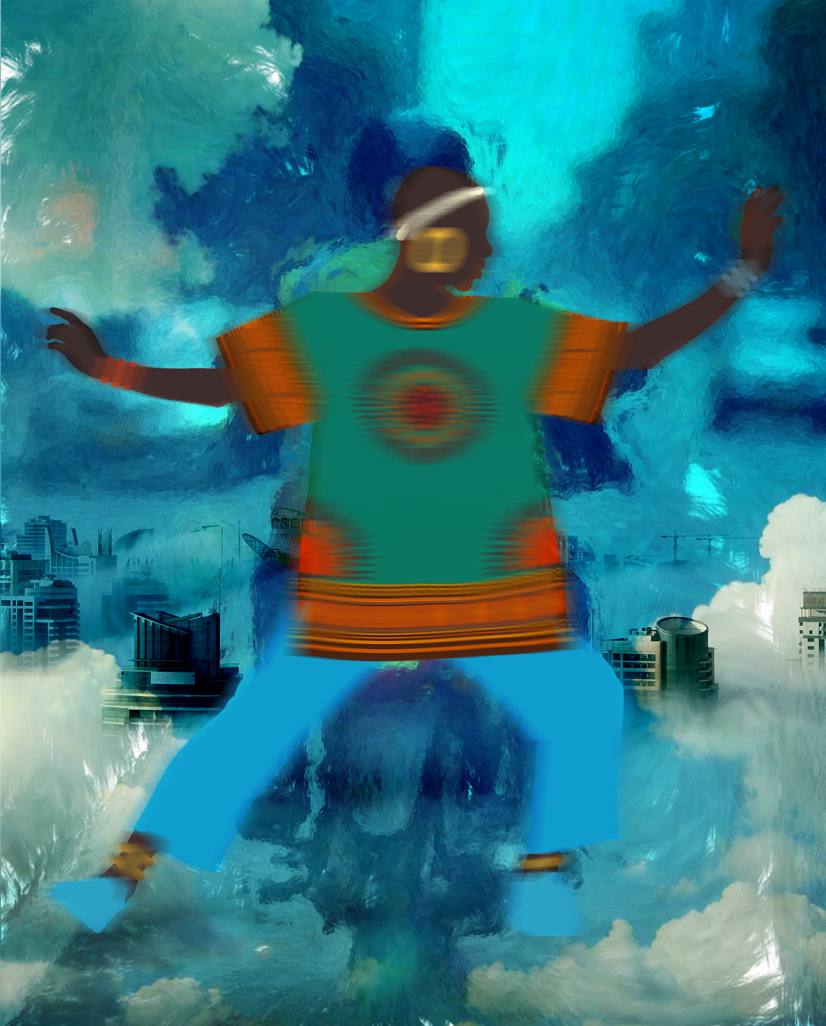 An artistic collage and mixed media image of a person dancing titled Dancer