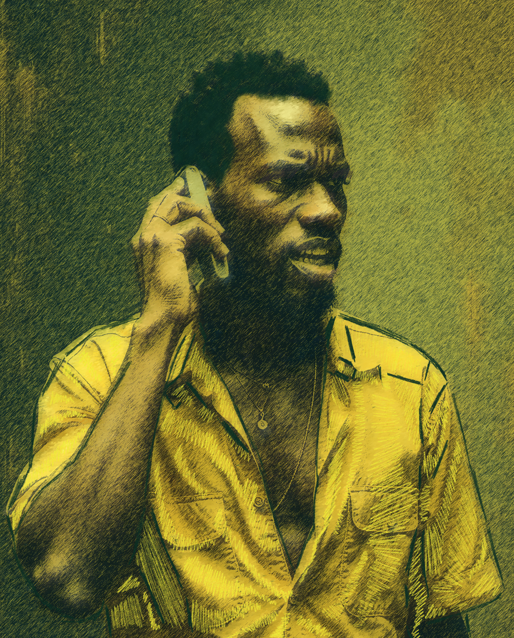 An artistic collage and mixed media image of a person on phone titled Hell