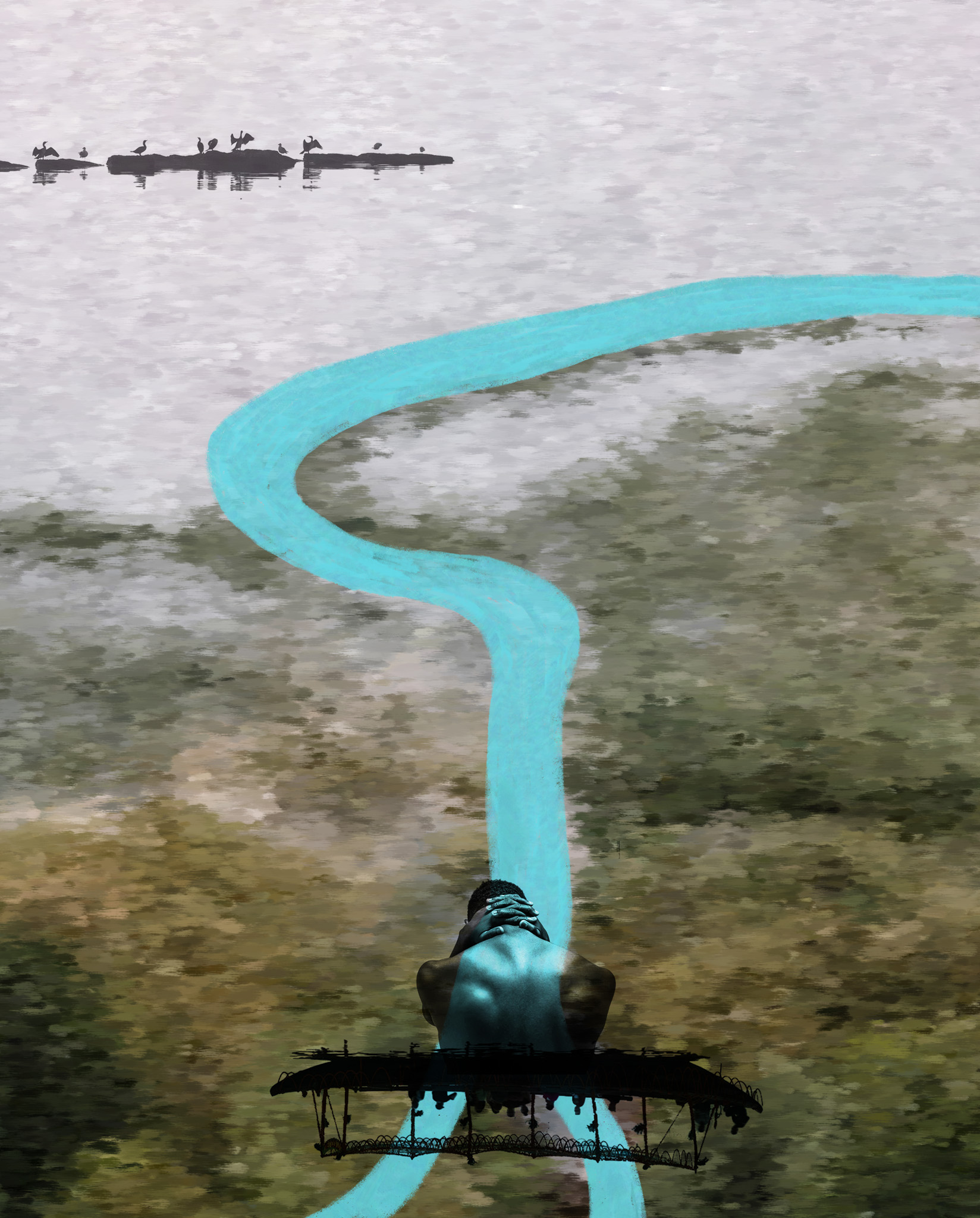 An artistic collage and mixed media image of a river titled The River