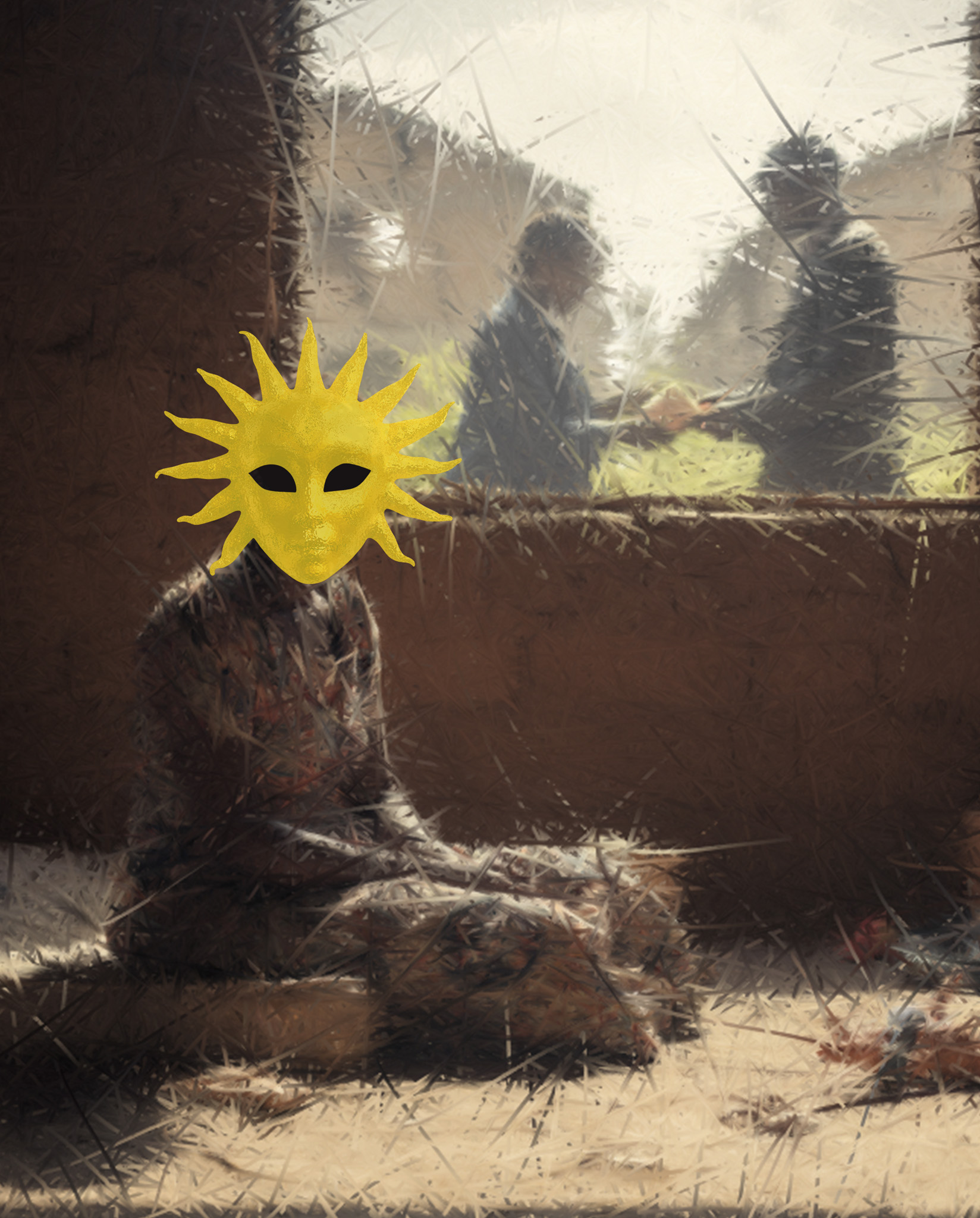 An artistic collage and mixed media image for a piece titled Trail of Betrayal