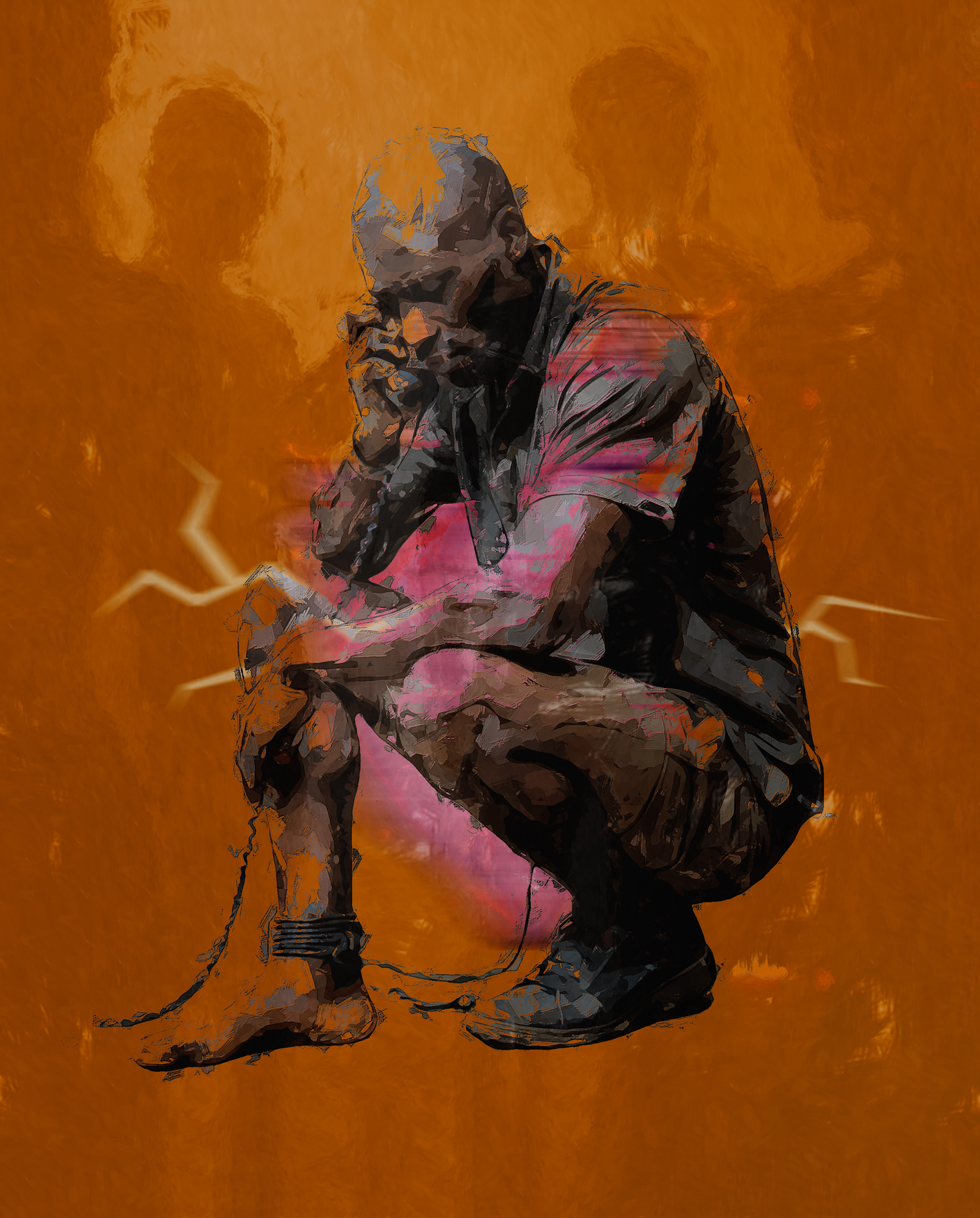 An artistic collage and mixed media image for a piece titled Trapped in a Scam