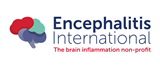 The Encephalitis International logo with sub text saying the brain inflammation non-profit with a multi coloured brain image adjacent.