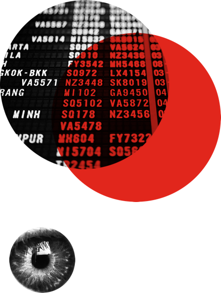 Abstract circles with an airline departure screen and a close up of an eyeball